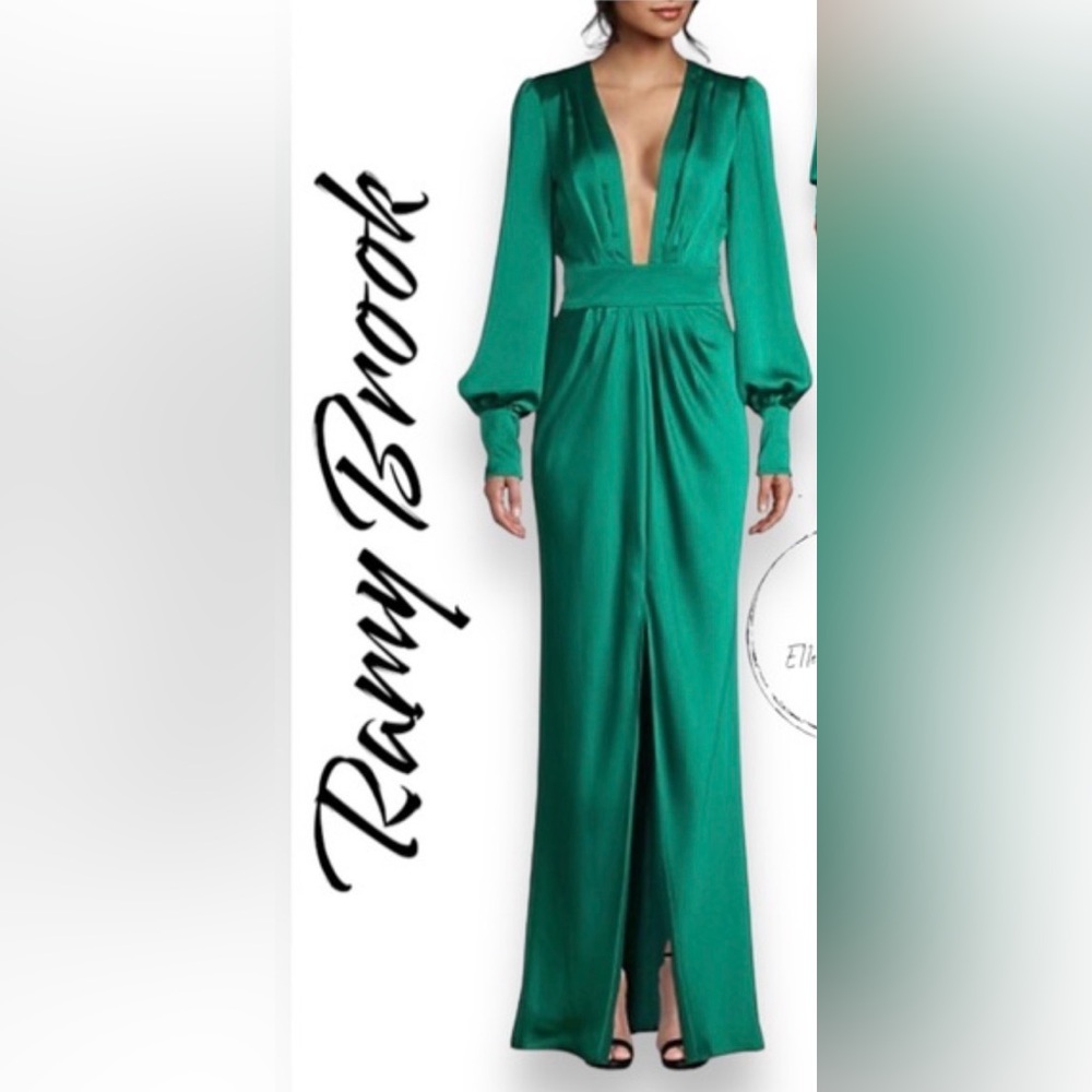 Rami Brooke Madeline Gown Deep V Long Sleeve Green Maxi Dress Size 0 - Picture 11 of 17